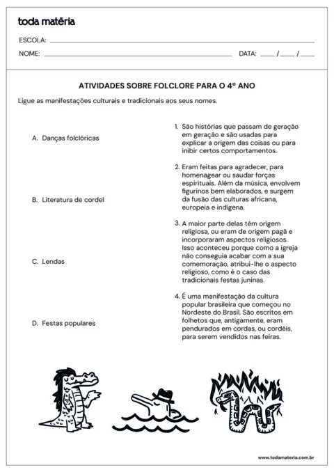 Atividades sobre folclore para o 4º ano com ilustrações de danças folclóricas e festas populares.
