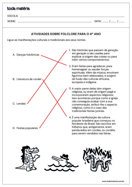 Atividades sobre folclore para o 4º ano, com questões sobre manifestações culturais e tradicionais.