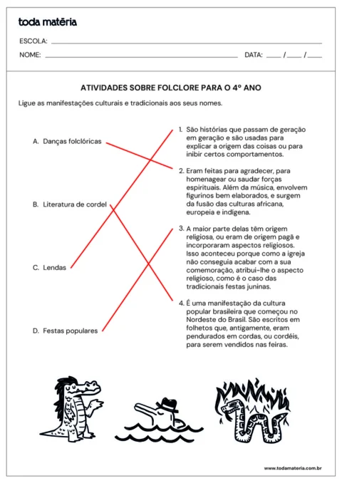 Atividades sobre folclore para o 4º ano, com questões sobre manifestações culturais e tradicionais.