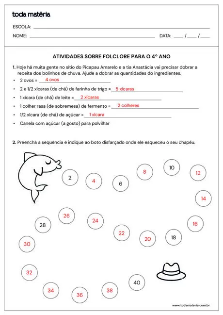 Atividades sobre folclore para o 4º ano com exercícios de matemática e desenho.