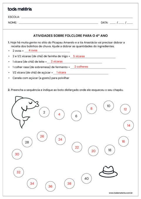 Atividades sobre folclore para o 4º ano com exercícios de matemática e desenho.