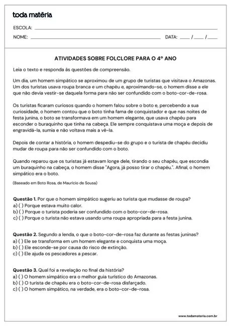 Atividades sobre folclore para o 4º ano com texto e perguntas de compreensão.