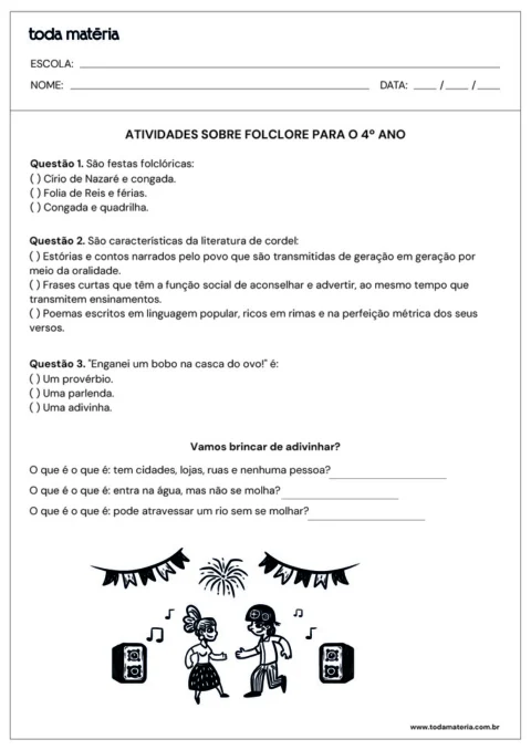 Atividades sobre folclore para o 4º ano com questões e ilustrações.