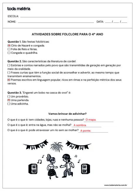 Atividades sobre folclore para o 4º ano com questões e ilustrações.