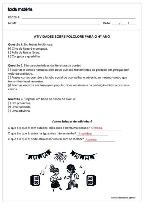 Atividades sobre folclore para o 4º ano com questões e ilustrações.