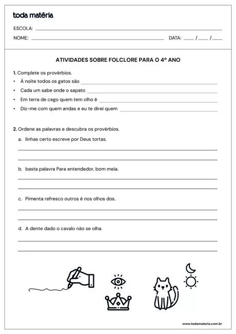 Atividades sobre folclore para o 4º ano, com espaço para completar provérbios e ordenar palavras.