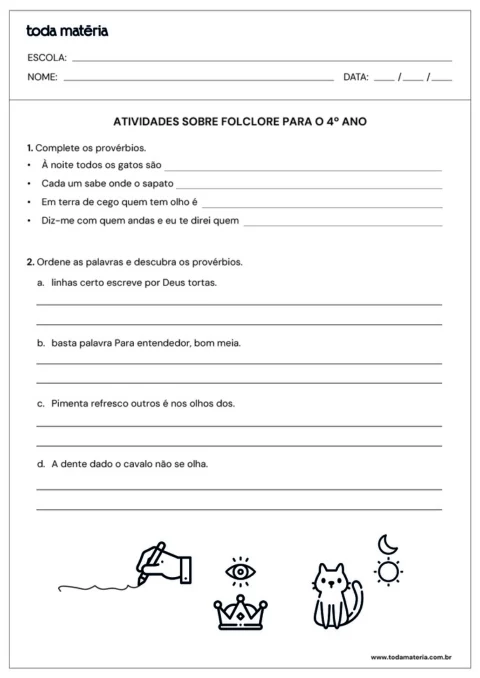 Atividades sobre folclore para o 4º ano, com espaço para completar provérbios e ordenar palavras.