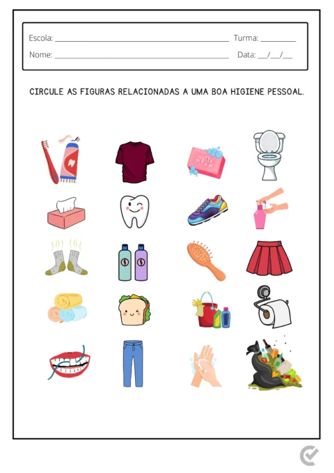 Imagem educativa com figuras relacionadas à higiene pessoal, incluindo escova de dentes, roupas, sabonete, vaso sanitário, entre outros.