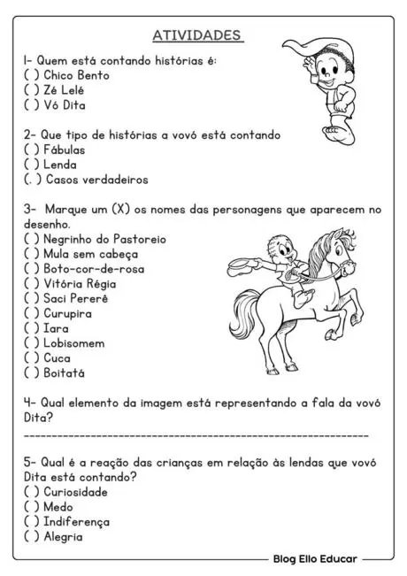 Atividades educativas sobre histórias contadas por avós, com personagens e perguntas.