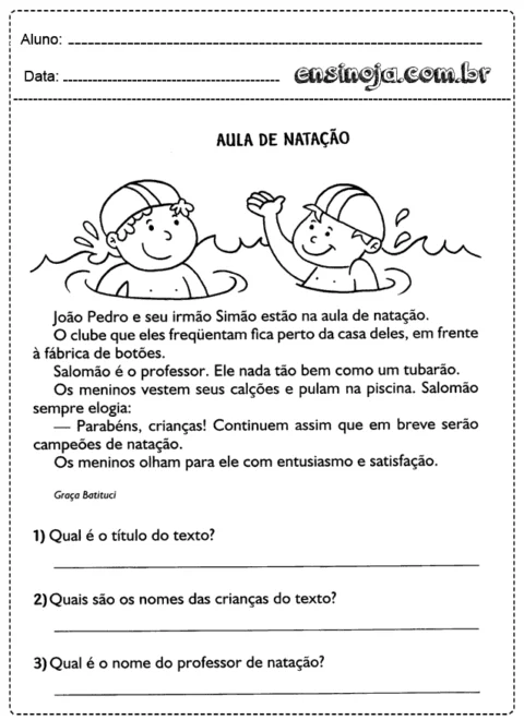 Ilustração de duas crianças na aula de natação com um professor.