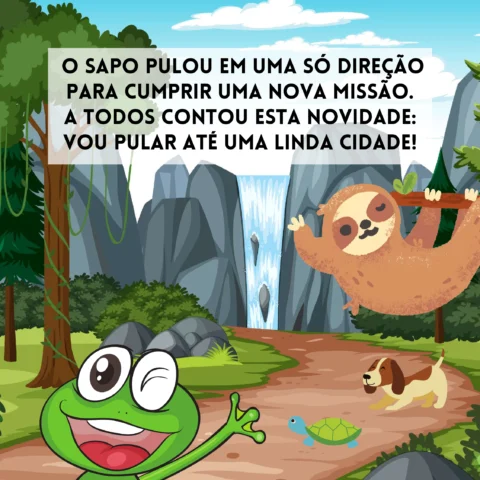 O sapo e o bicho-preguiça em uma aventura na floresta.