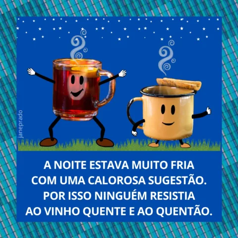 Duas canecas com rostos sorridentes, uma com bebida quente e a outra com um biscoito, em um fundo azul.