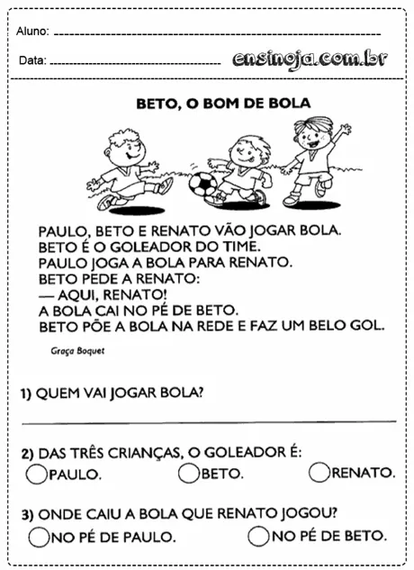 Três crianças jogando bola, com perguntas sobre a atividade.