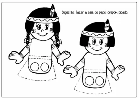 Desenho de uma boneca indígena com sugestões de atividades.