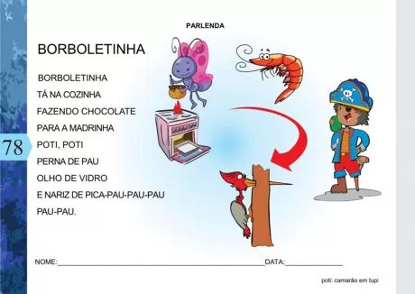 Ilustração da parlenda 'Borboletinha' com personagens e elementos relacionados à cozinha.