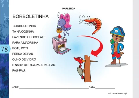 Ilustração da parlenda 'Borboletinha' com personagens e elementos relacionados à cozinha.