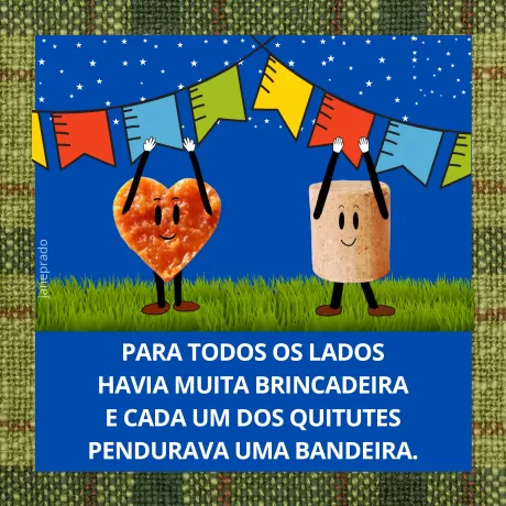 Personagens animados de coração e marshmallow segurando bandeirinhas coloridas sob um céu estrelado.