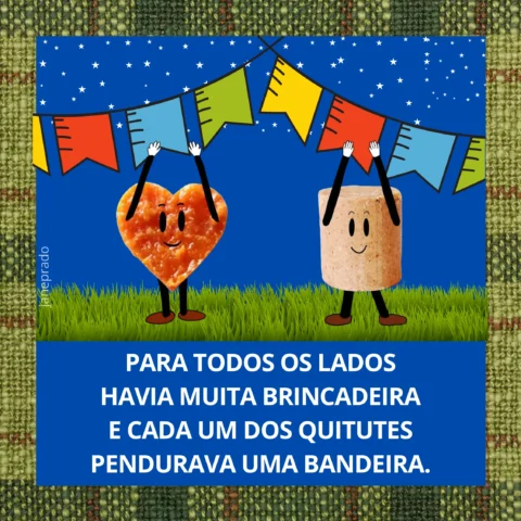 Personagens animados de coração e marshmallow segurando bandeirinhas coloridas sob um céu estrelado.