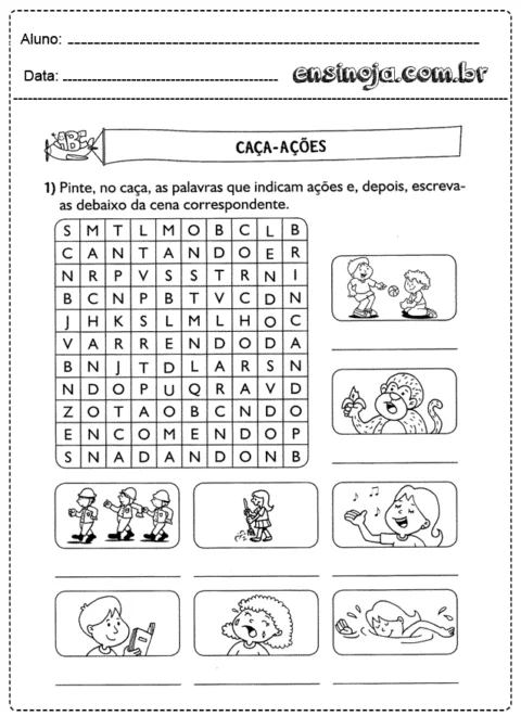 Atividade de caça-palavras com ilustrações de ações.