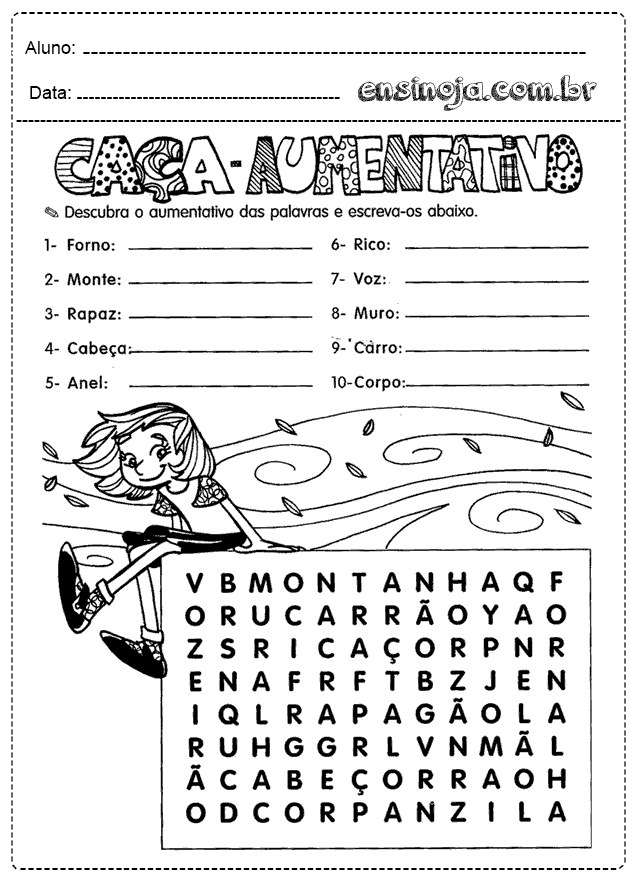 Atividade de caça-palavras sobre aumentativos com uma menina sentada.