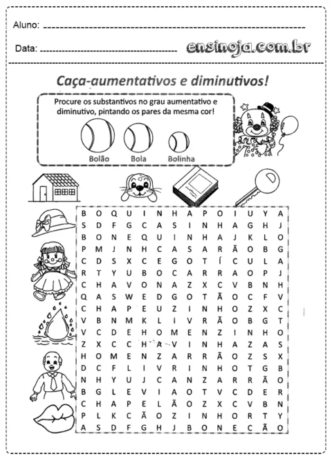 Atividade de caça-palavras sobre aumentativos e diminutivos com ilustrações.