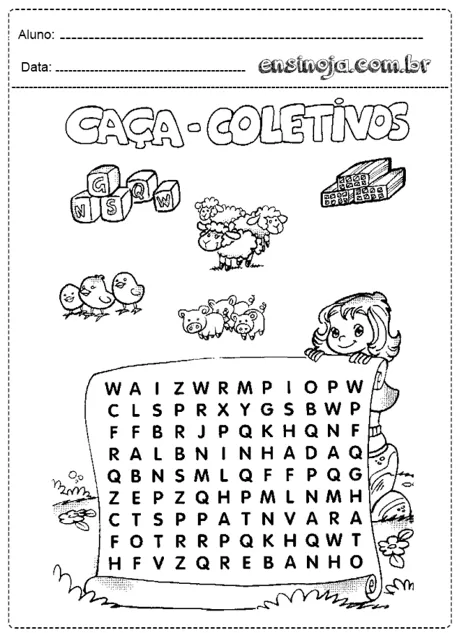 Atividade de caça-palavras com o tema coletivos, ilustrada com desenhos de animais e uma criança.