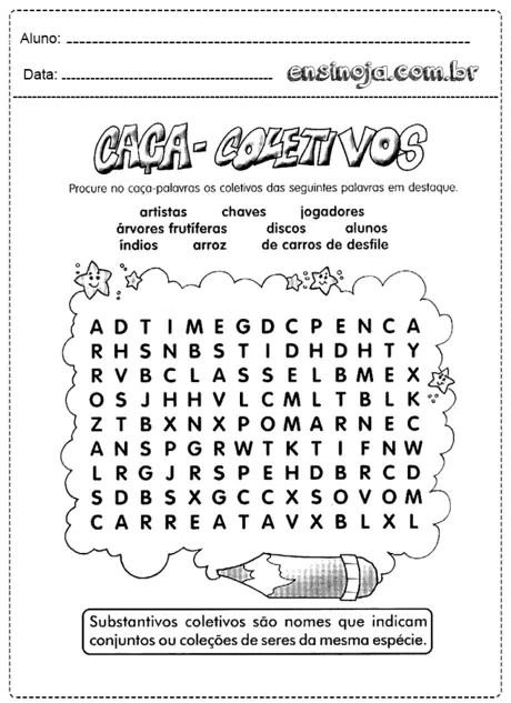 Atividade de caça-palavras sobre substantivos coletivos.