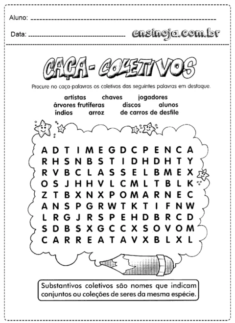 Atividade de caça-palavras sobre substantivos coletivos.
