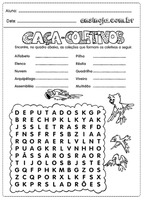 Atividade de caça-palavras com coletes coletivos e ilustrações de pássaros.