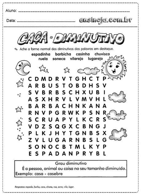 Atividade de caça palavras sobre diminutivos com ilustrações.