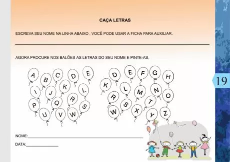 Atividade de caça letras com balões e crianças.
