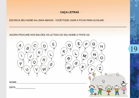 Atividade de caça letras com balões e crianças.