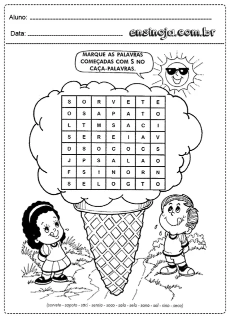 Caça-palavras com palavras que começam com a letra S, ilustrado com crianças e um sorvete.