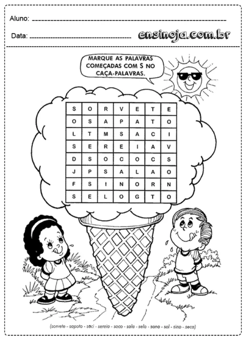 Caça-palavras com palavras que começam com a letra S, ilustrado com crianças e um sorvete.