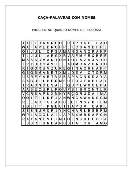 Caça-palavras com nomes de pessoas em um quadro.
