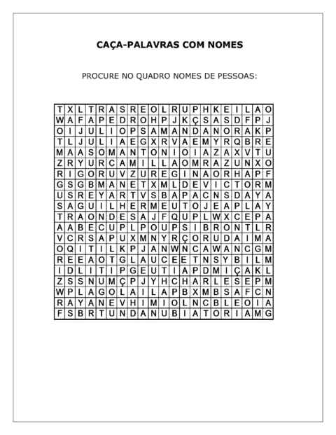 Caça-palavras com nomes de pessoas em um quadro.