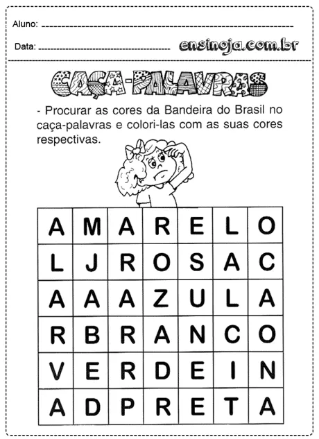 Caça-palavras com as cores da Bandeira do Brasil.