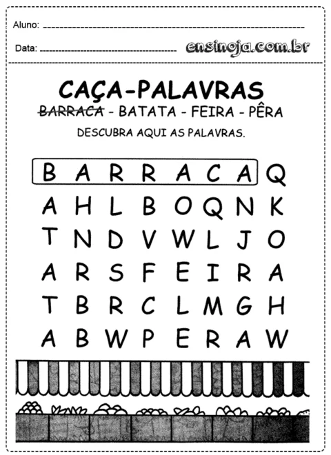 Atividade de caça-palavras com palavras relacionadas a alimentos.