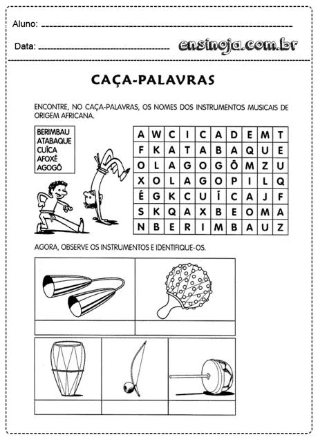 Atividade de caça-palavras com instrumentos musicais de origem africana.