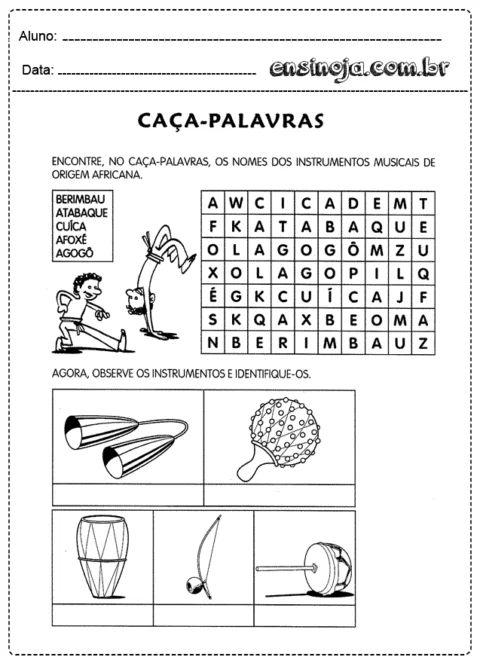 Atividade de caça-palavras com instrumentos musicais de origem africana.