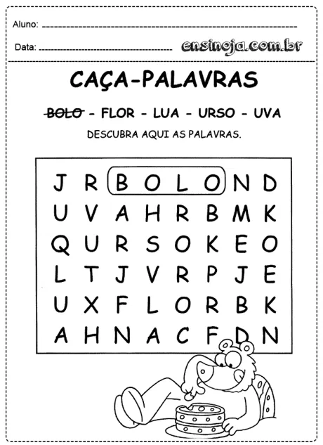 Atividade de caça-palavras com palavras como bolo, flor, lua, urso e uva.