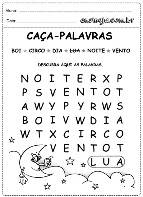 Caça-palavras com palavras relacionadas à noite e ao céu.