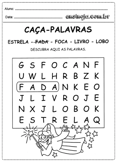 Caça-palavras com palavras como estrela, fada, foca, livro e lobo.