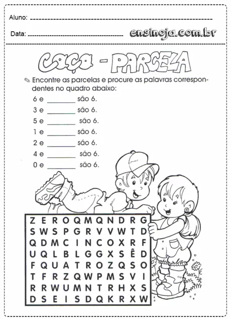 Atividade de caça-palavras com crianças e palavras para completar.