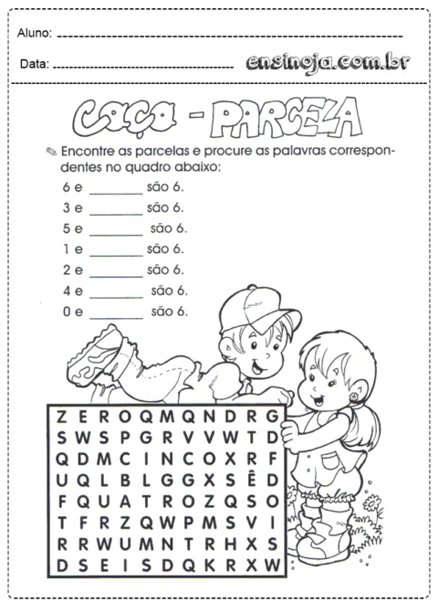 Atividade de caça-palavras com crianças e palavras para completar.