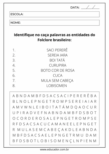 Caça palavras com entidades do folclore brasileiro.