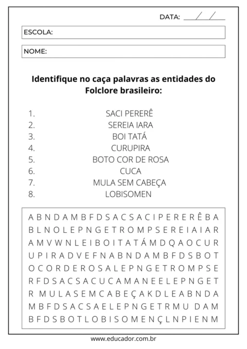 Caça palavras com entidades do folclore brasileiro.