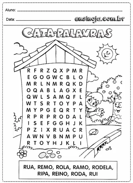 Atividade de caça-palavras com palavras relacionadas a objetos e ações.