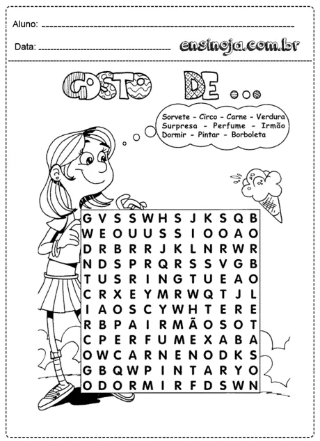 Atividade de caça-palavras com a frase 'Gosto de...' e uma menina segurando um cartaz.