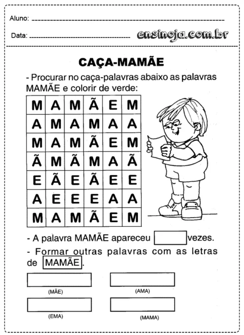 Atividade de caça-palavras com a palavra Mamãe para crianças.